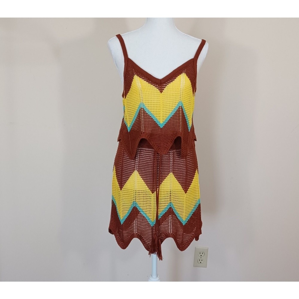 Almost Famous Pointelle Striped Crochet Cropped Cami Top & Mini Skirt Set Jr's L